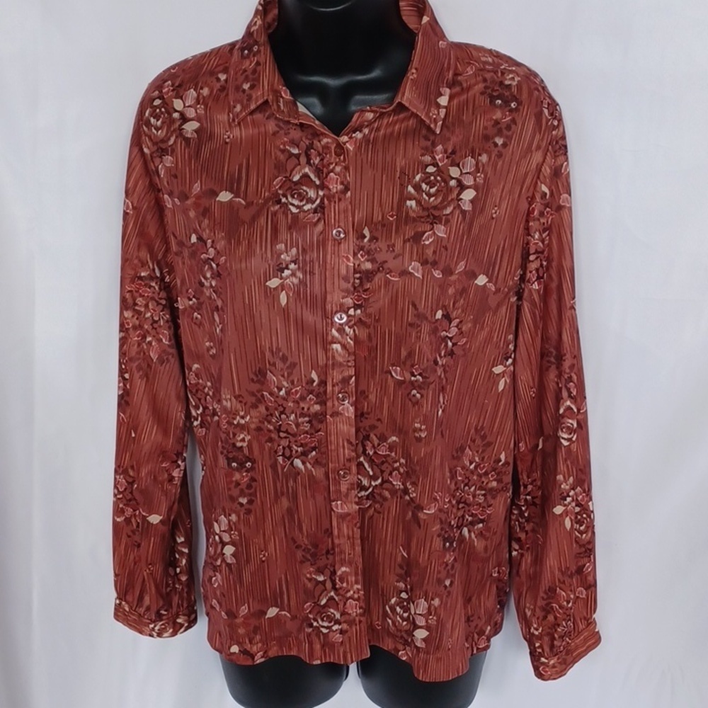 Vintage Miss K Floral Disco Shirt, brown & red, sz 38, fits a Medium